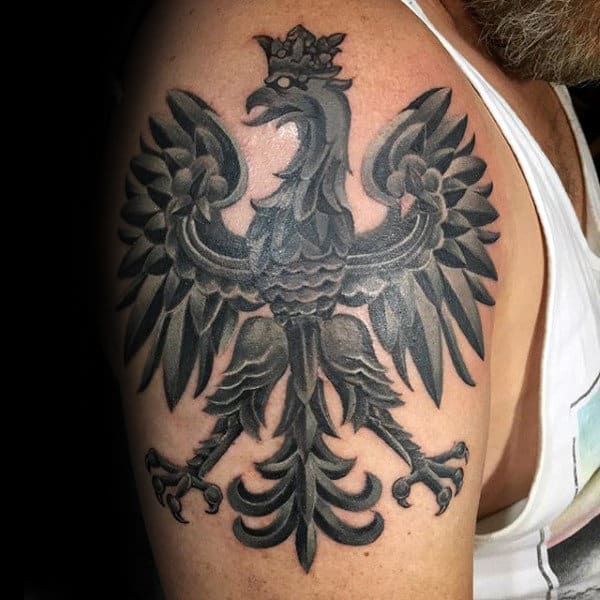 Cool Polish Eagle Shaded Black And Grey Male Upper Arm Tattoo Designs