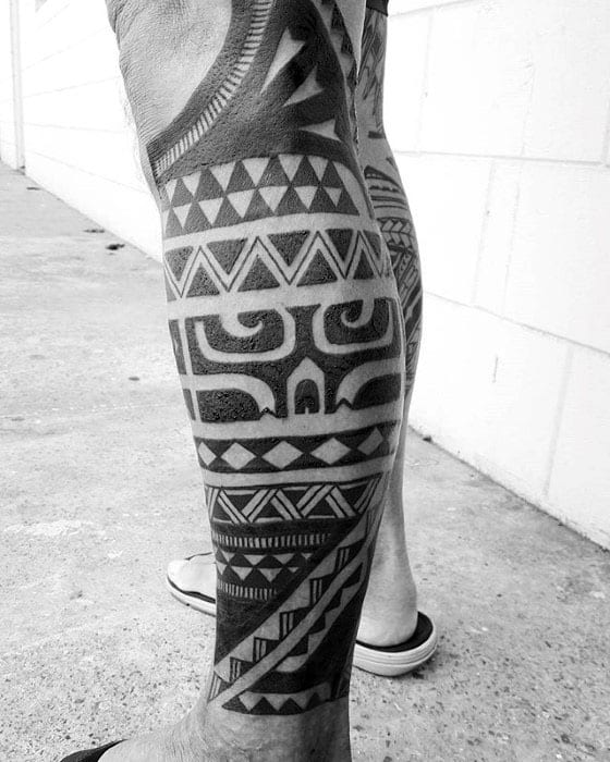 Cool Polynesian Male Tribal Leg Sleeve Tattoo Inspiration