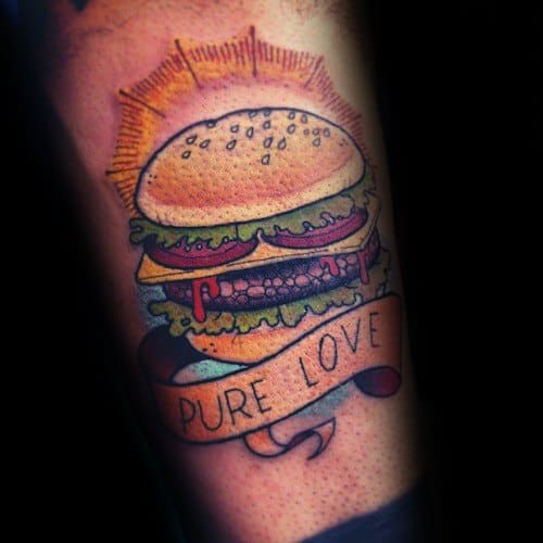 Cool Pure Love Banner Cheeseburger Tattoo Design Ideas For Male On Inner Forearm