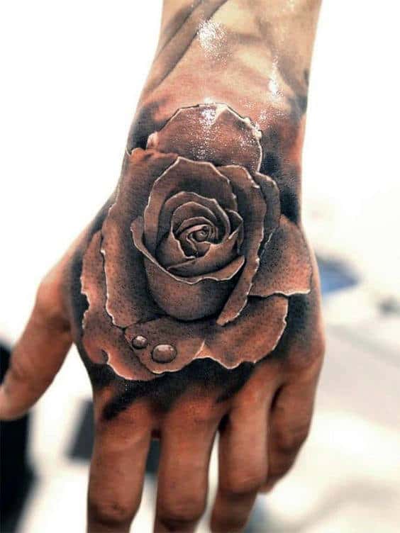 Cool Realistic Rose Mens Hand Tattoo With Shaded Design