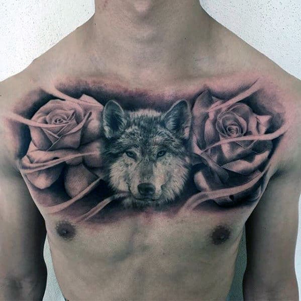 Cool Realistic Wolf With Rose Flowers Upper Chest Tattoo For Men