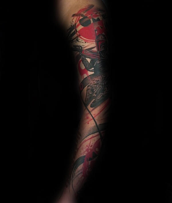 Cool Red And Black Ink Sleeve Trash Polka Tattoos For Males