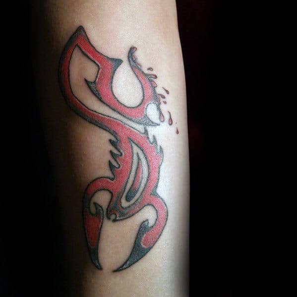 Cool Red Ink Guys Scorpion Tribal Tattoo On Forearm