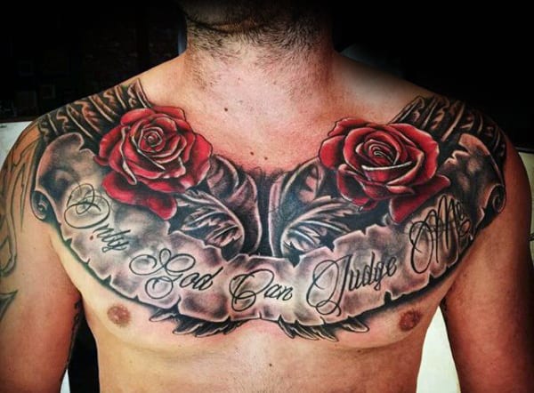 Cool Red Rose Flowers With Scroll Mens Only God Can Judge Me Chest Tattoo