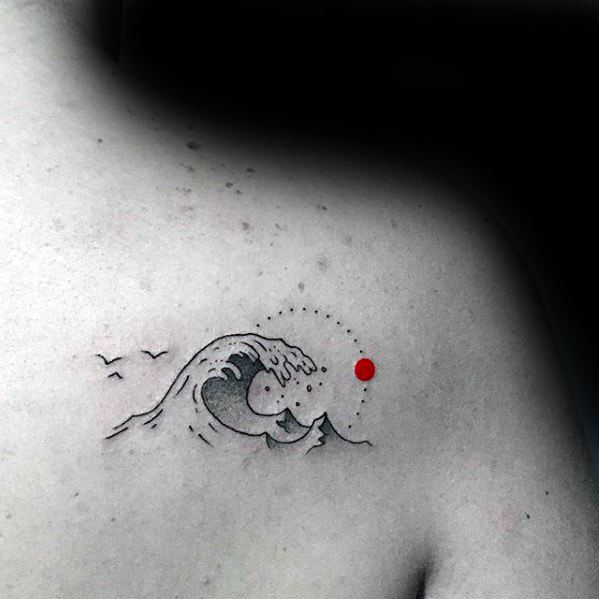 Cool Red Sun With Wave Mens Simple Shoulder Blade Tattoo