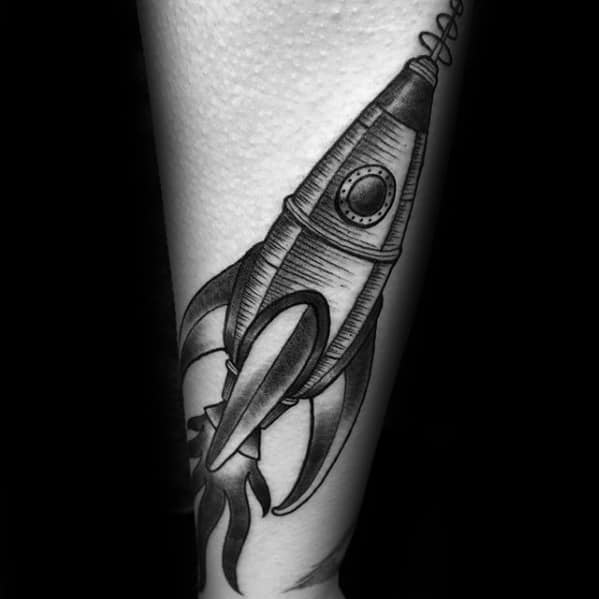 Cool Rocket Ship Outer Forearm Black And Grey Tattoo Ideas For Men