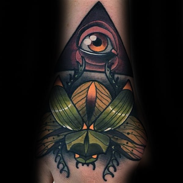 cool scarab bettle neo traditional guys hand and forearm tattoo ideas