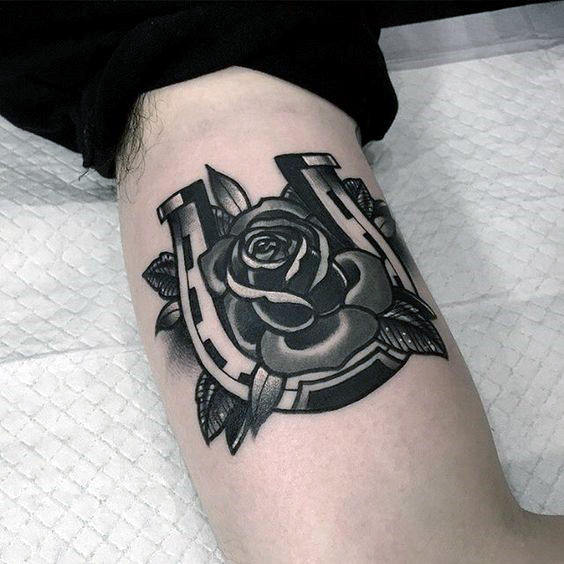 Cool Shaded Black And Grey Horseshoe With Rose Flower Mens Arm Tattoos