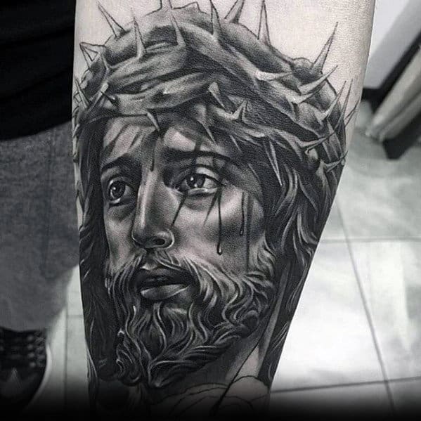 Cool Shaded Black And Grey Jesus Forearm Tattoos For Men