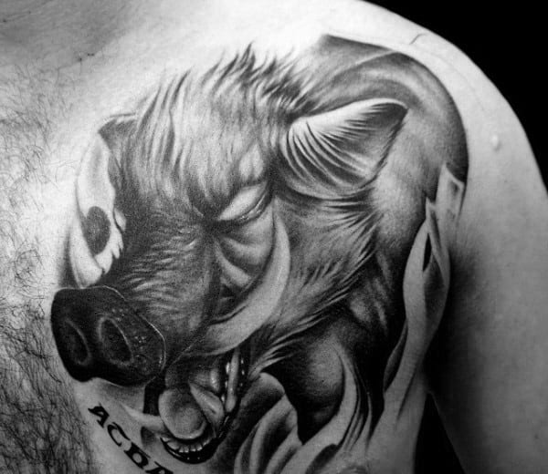 Cool Shaded Boar Tattoo For Men On Upper Chest