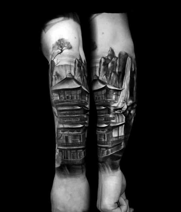 Cool Shaded Japanese Temple Outer Forearm Tattoo Ideas For Men