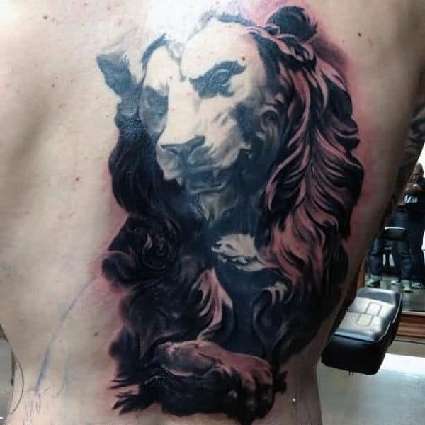 Cool Shaded Male Lion Back Tattoo Design Inspiration