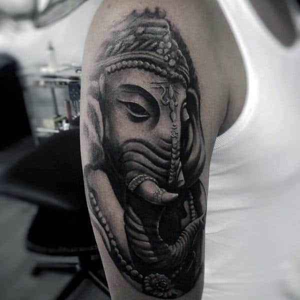 Cool Shaded Religious Male Tattoo Of Ganesh On Arm