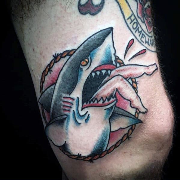 Cool Shark Swallowing Legs Mens Traditional Arm Tattoo Ideas