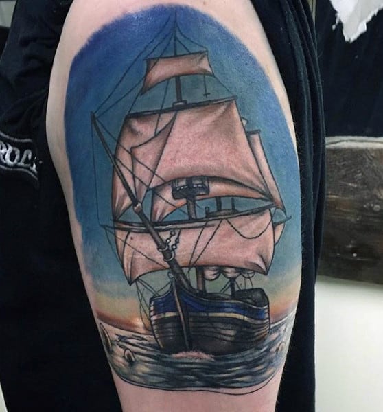Cool Ship In The Ocean Nautical Upper Arm Tattoos For Men