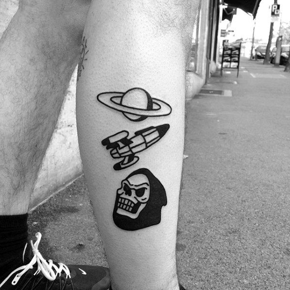 Cool Simple Leg Symbols With Skull And Rocket Mens Tattoos