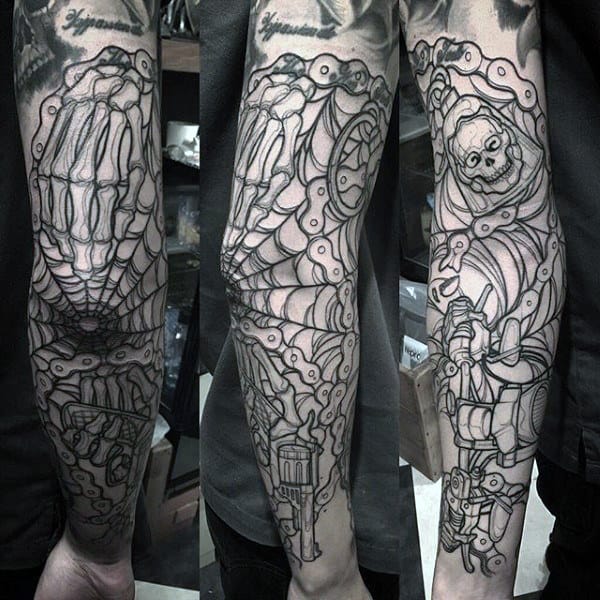 Cool Skeleton Bike Chain Spider Web Tattoo On Elbow Of Man