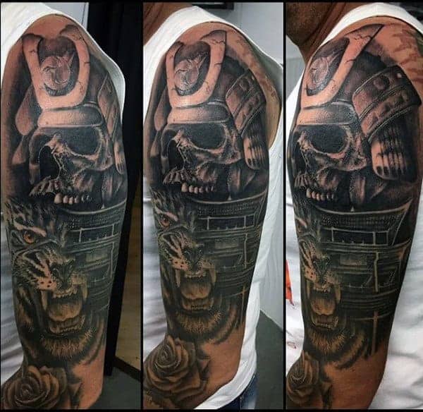 cool-skull-with-tower-samurai-helmet-mens-half-sleeve-tattoos