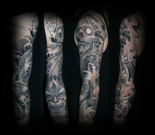 Cool Skull With Water Waves Mens Shaded Half Sleeve Japanese Tattoo Design Ideas