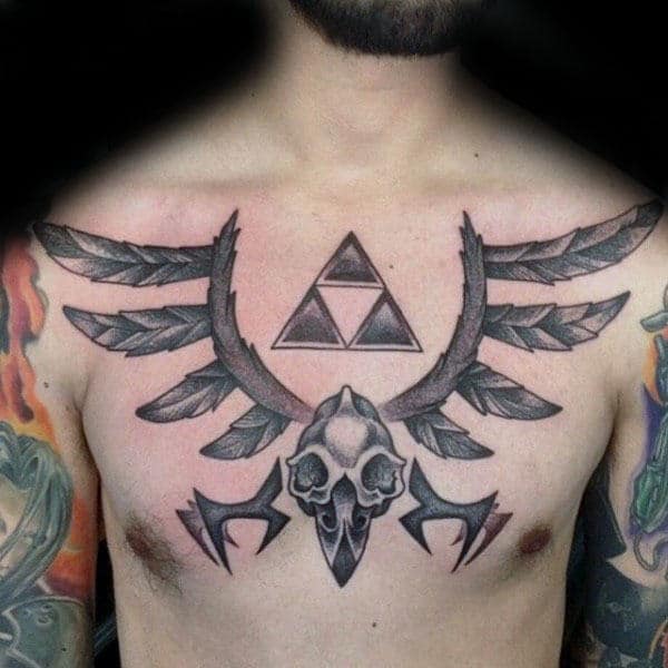 Cool Skull With Wings And Triforce Symbol Mens Zelda Chest Tattoos