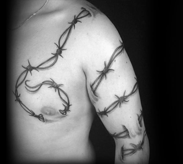 Cool Sleeve Barbed Wire Mens Tattoo With Ripped Skin Design
