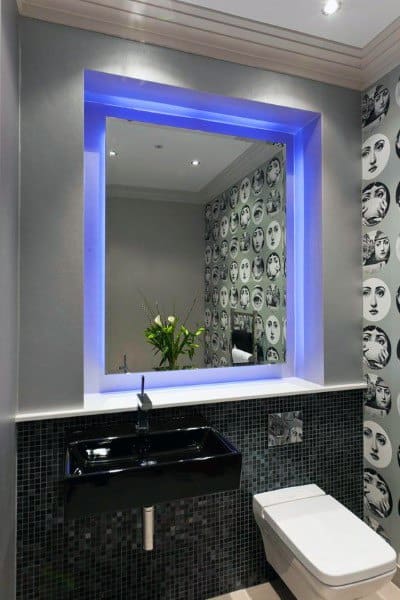 modern bathroom black sink led lights around mirror black mosaic tiles 