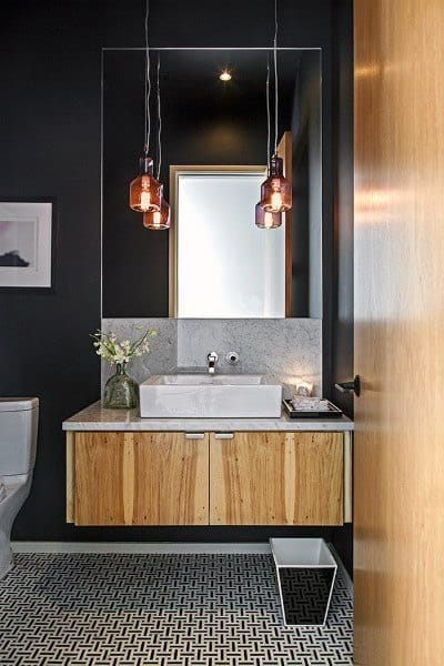 modern bathroom wood vanity white sink pattern tiles pendant lighting