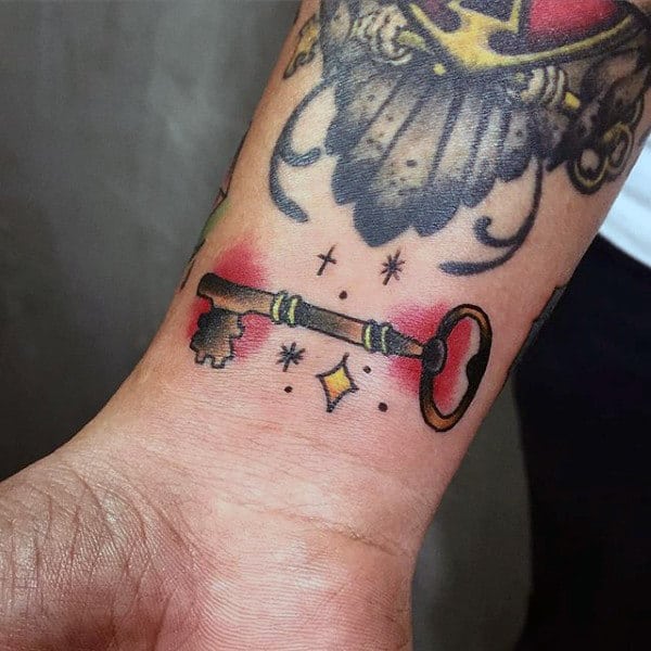 Cool Small Mens Sailor Jerry Style Key Tattoo On Wrist
