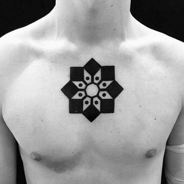 Cool Small Minimalist Flower Geometric Mens Blackwork Chest Tattoo