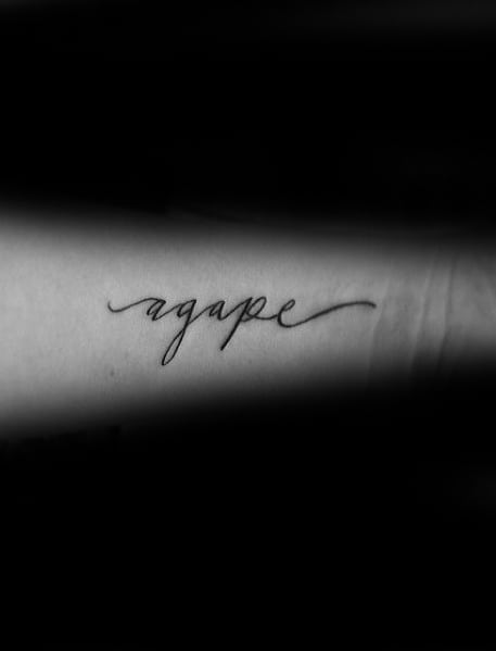 Cool Small Script Agape Side Of Forearm Tattoos For Men