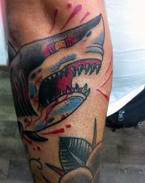 Cool Small Shark Leg Men's Tattoo