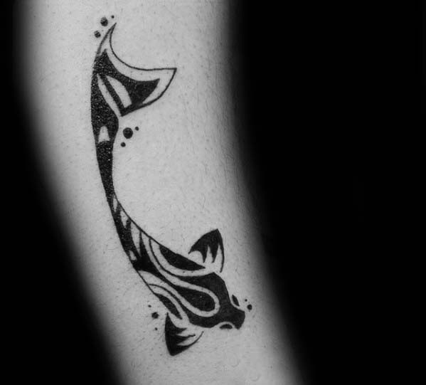Cool Small Simple Male Tribal Black Ink Fish Tattoo On Arm