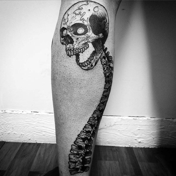 Cool Spine And Skull Guys Leg Tattoo Design