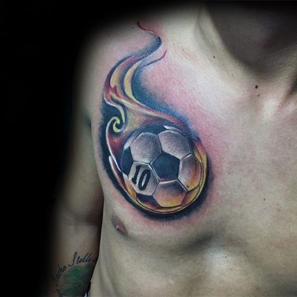 Cool Sports Soccerball Chest Tattoo Design Ideas For Male