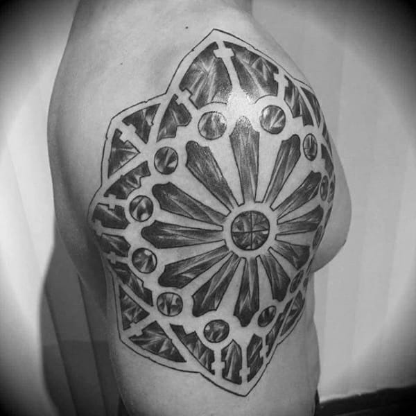 Cool Stained Glass Church Window Tattoo On Mans Shoulder And Upper Arm