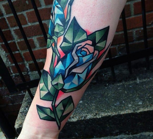 Cool Stained Glass Rose Tattoo For Men On Inner Forearm
