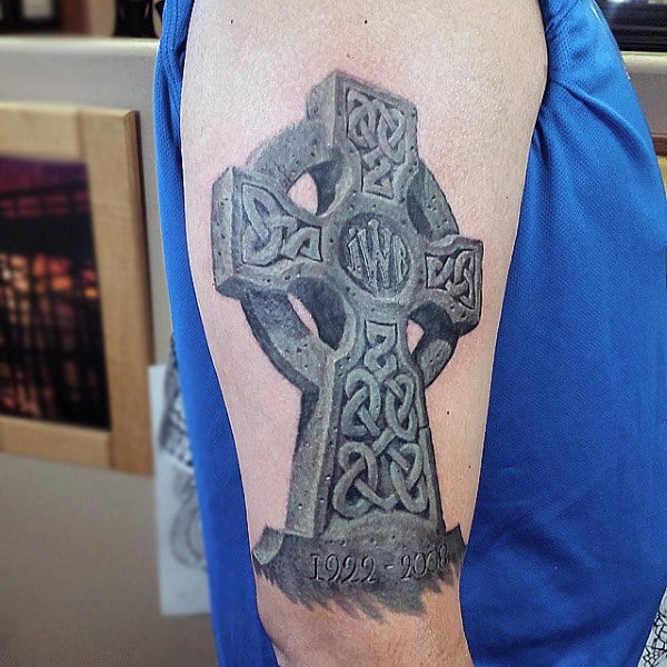 cool-stone-celtic-cross-3d-male-upper-arm-tattoo-design-ideas