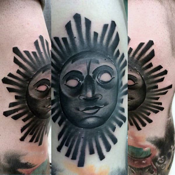 Cool Sun Face Tattoo Design For Men In Black Ink On Leg Calf