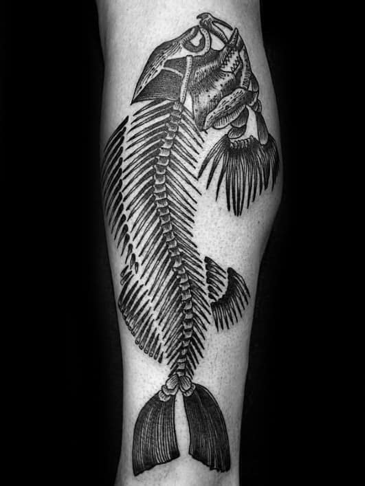 Cool Swimming Fish Skeleton Mens Leg Tattoo