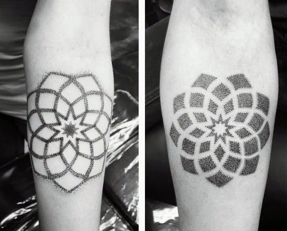 Diseños geniales de tatuajes para parejas Dotwork Geometric Flower Optical Illusion