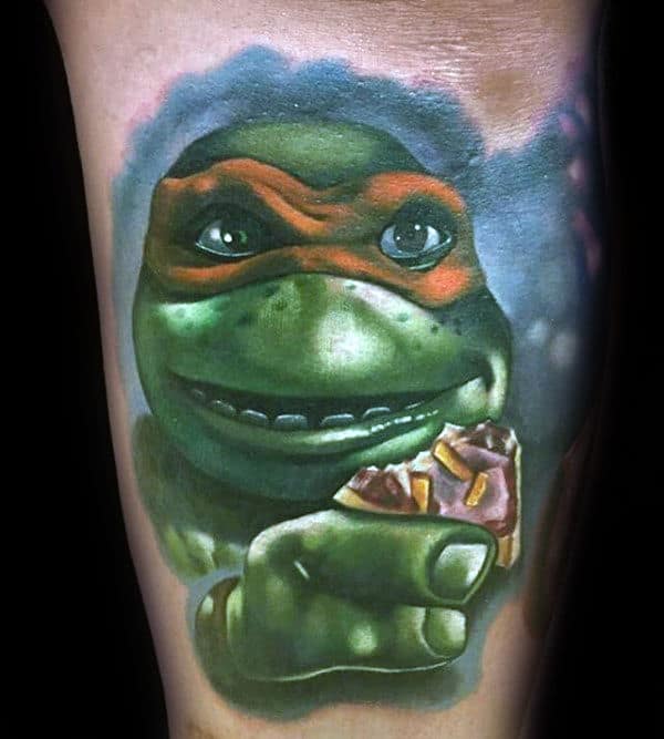 Cool Teenage Mutant Ninja Turtles Pizza Mens Tattoo Design On Arm