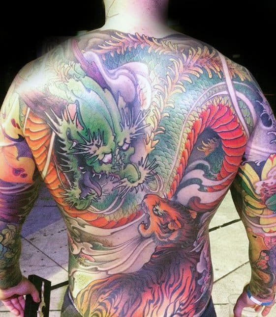 Cool Tiger Dragon Full Back Tattoo Design Ideas For Male