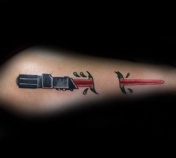 Cool Torn Skin Lightsaber Guys Outer Forearm Tattoo Idea