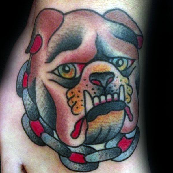 Cool Traditional Bulldog Head Chain Mens Foot Tattoo Ideas