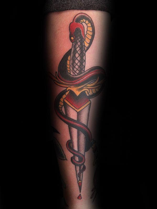 Cool Traditional Dagger Coiled Snake Male Leg Tattoo Designs