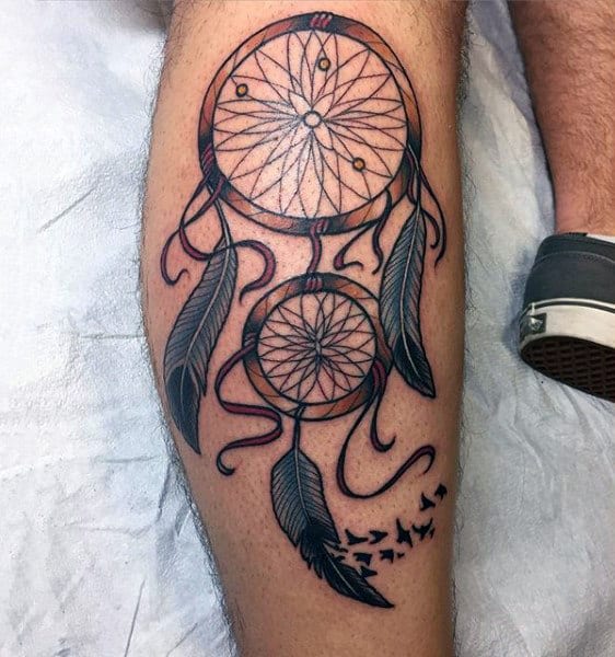 Cool Traditional Dreamcatcher With Blue Feathers And Flying Birds Tattoo For Men