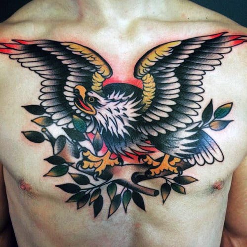 Cool Traditional Eagle Guys Chest Tattoo Ideas