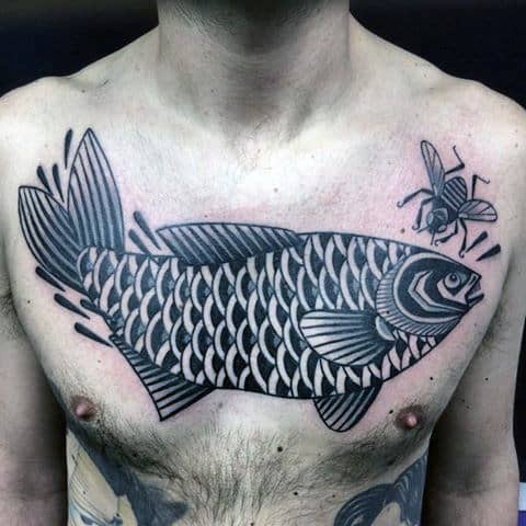 Cool Traditional Fish Male Upper Chest Tattoo With Black Ink Design