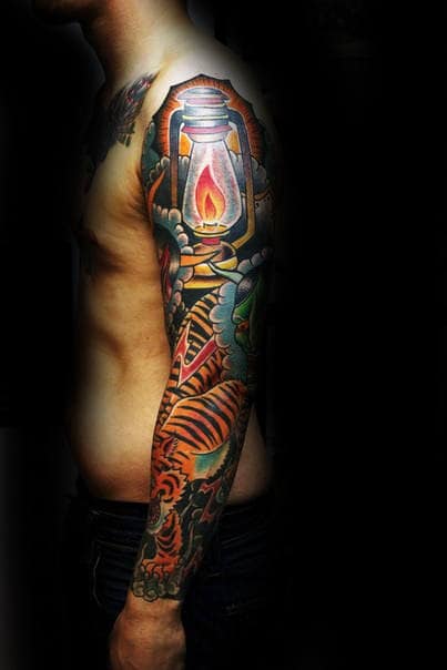 Cool Traditional Lantern Tiger Full Sleeve Tattoos For Men