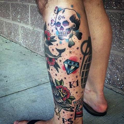 Cool Traditional Leg Sleeve Mens Diamond Tattoo Ideas